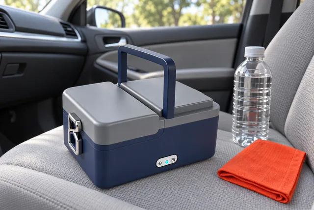 The navy and gray ZapMeal lunch box closed on the passenger seat of a parked car, a water bottle and a napkin beside it