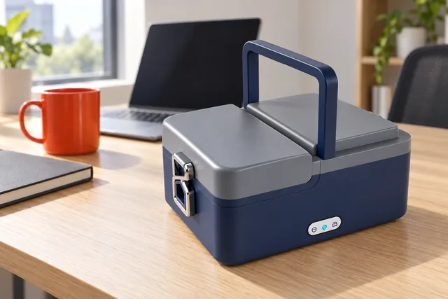 The navy and gray ZapMeal lunch box closed on an office desk beside a laptop, a notebook and a mug, its front light lit