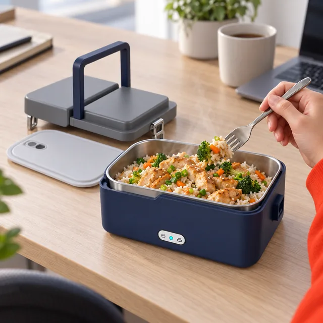 The navy ZapMeal open on a desk, its lids set aside, a hand lifting a forkful of rice and chicken from its steaming metal container