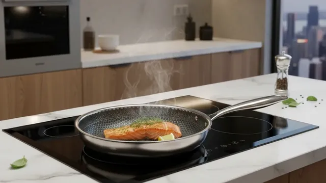 Zealix-panden står på en sort kogeplade af glas i et moderne køkken. I panden ligger et laksestykke med dild og en citronbåd, og der stiger damp op
